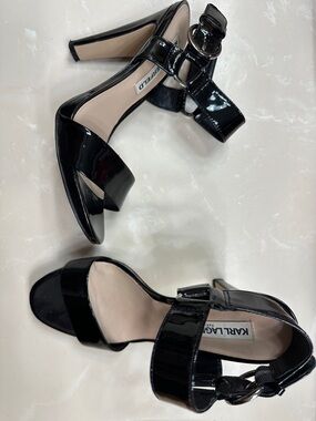 Karl Lagerfeld Black Patent Block Heel Sandals with Ankle Buckle